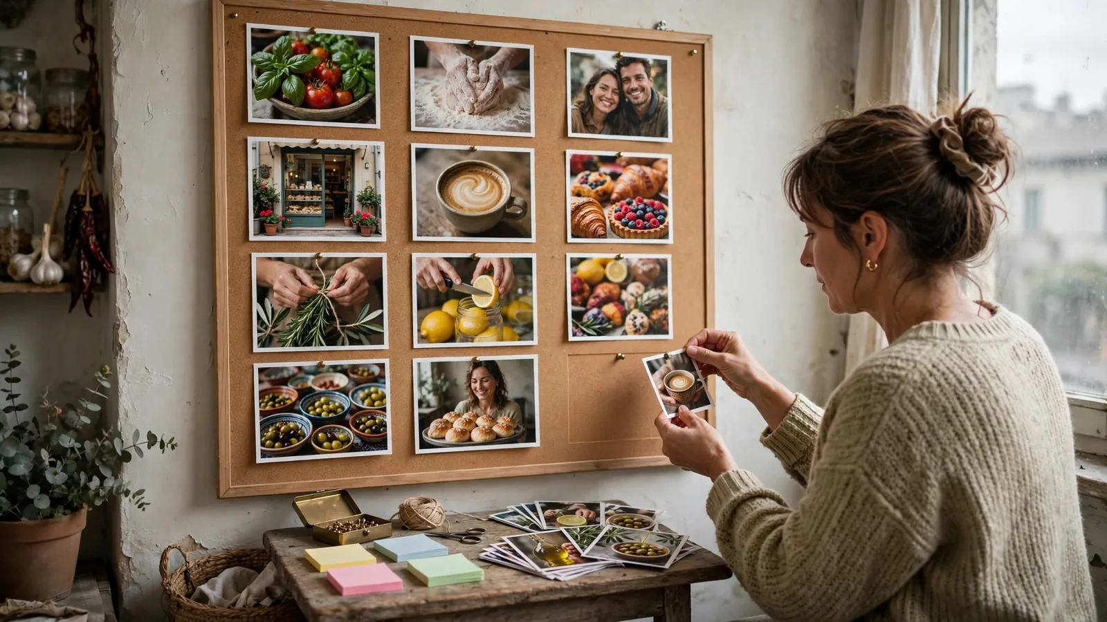 Titolare appende foto quadrate stampate su una bacheca, disposte a griglia come il feed di un profilo social