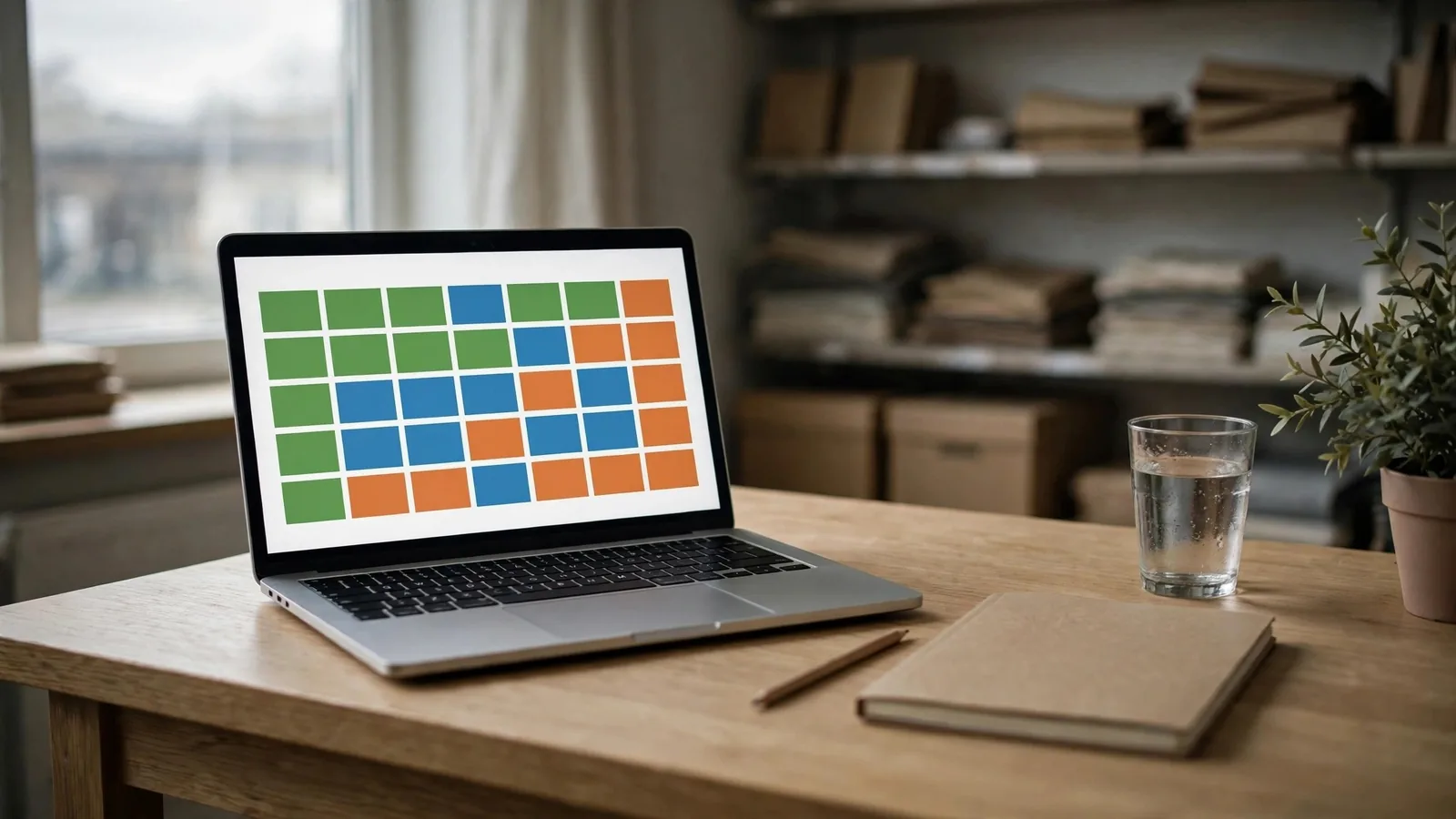 Laptop su una scrivania con un calendario a blocchi colorati, accanto a un quaderno e una tazza