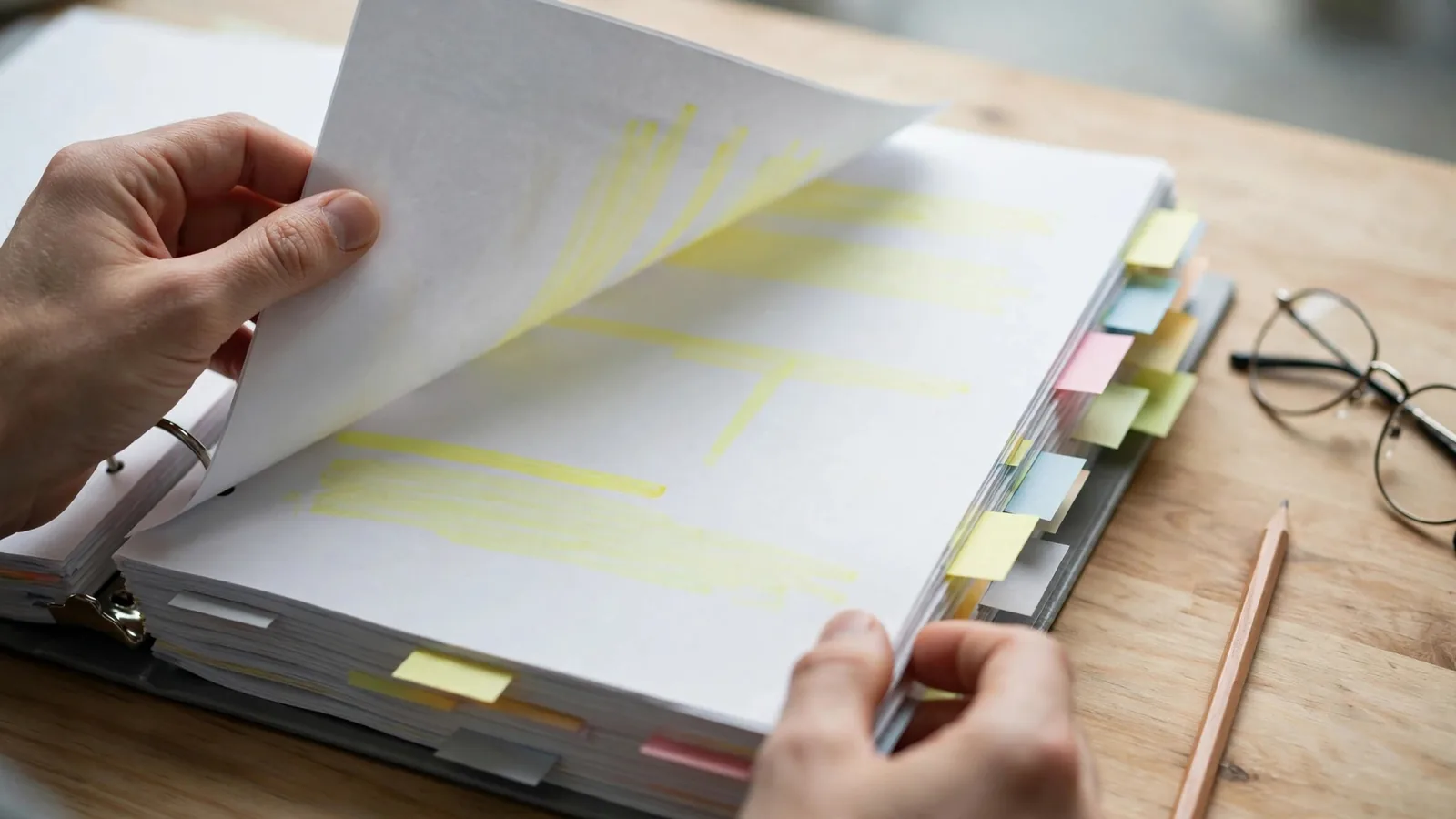 Mani che sfogliano un raccoglitore ad anelli con fogli evidenziati e post-it colorati su una scrivania