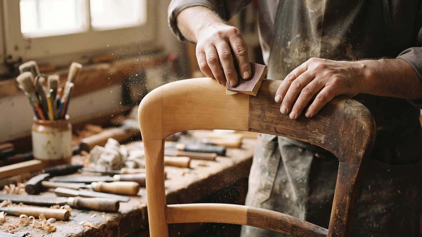 Mani di un artigiano restaurano una sedia di legno in laboratorio, esempio di contenuto dietro le quinte