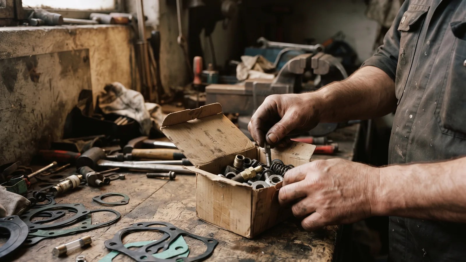 Mani di un meccanico che aprono una scatola di ricambi su un banco da lavoro in officina