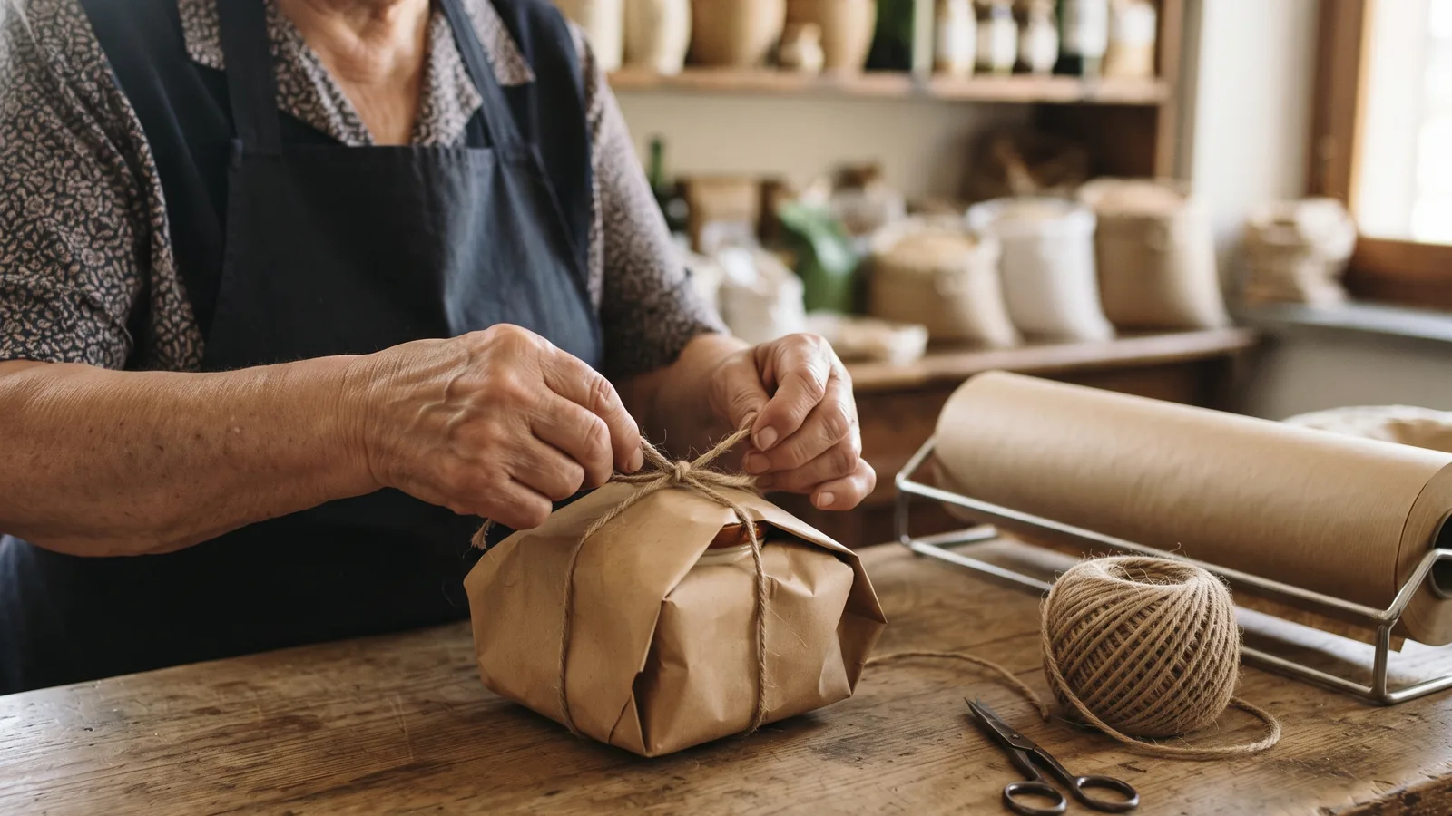 Commerciante che prepara un pacco con carta e spago sul bancone di una bottega di paese