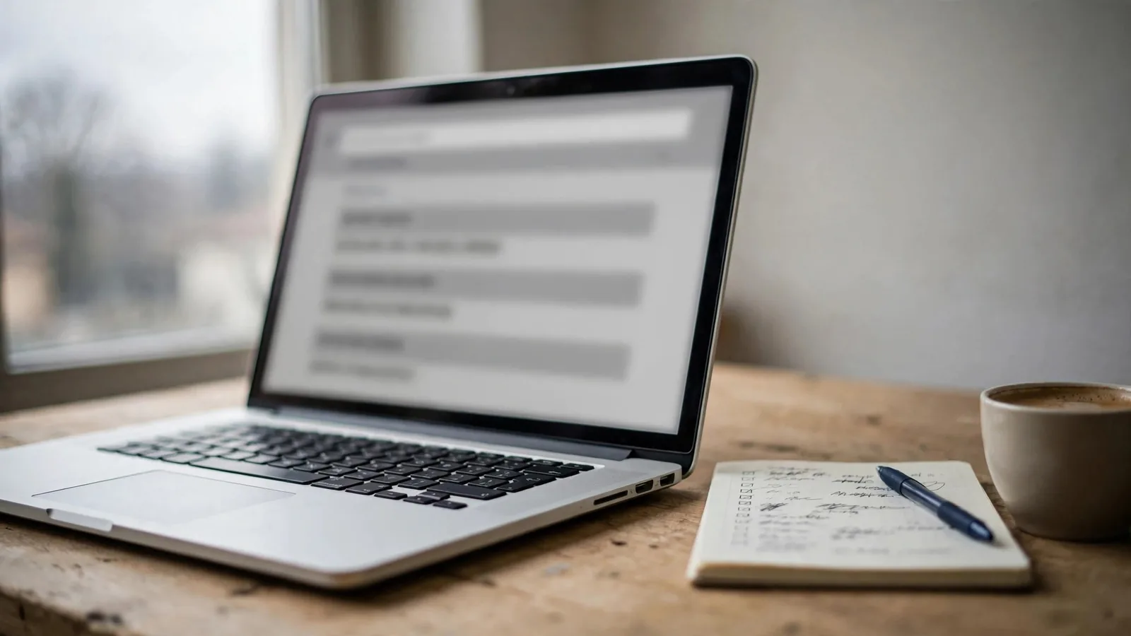 Laptop aperto su una scrivania d'ufficio con una pagina di ricerca e un quaderno di appunti accanto
