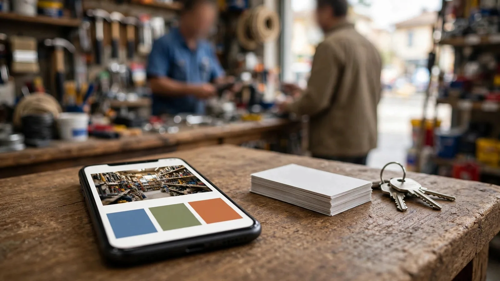 Smartphone con il sito di una ferramenta appoggiato sul bancone accanto a biglietti da visita e chiavi, titolare e cliente sullo sfondo