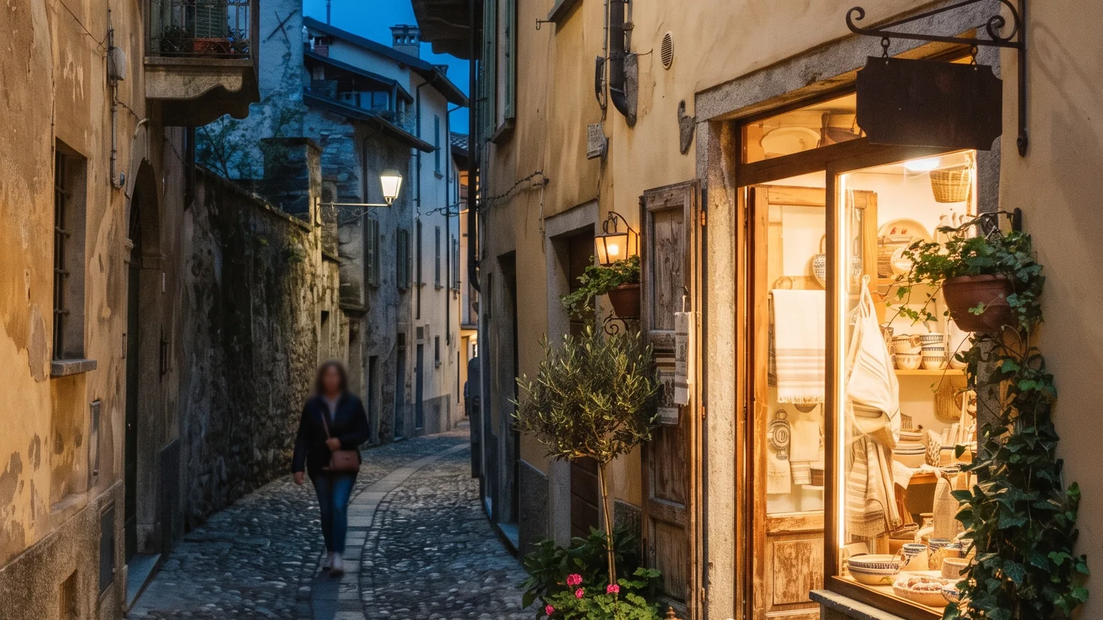 Ingresso di un negozio con vetrina illuminata in una via acciottolata di un centro storico lombardo