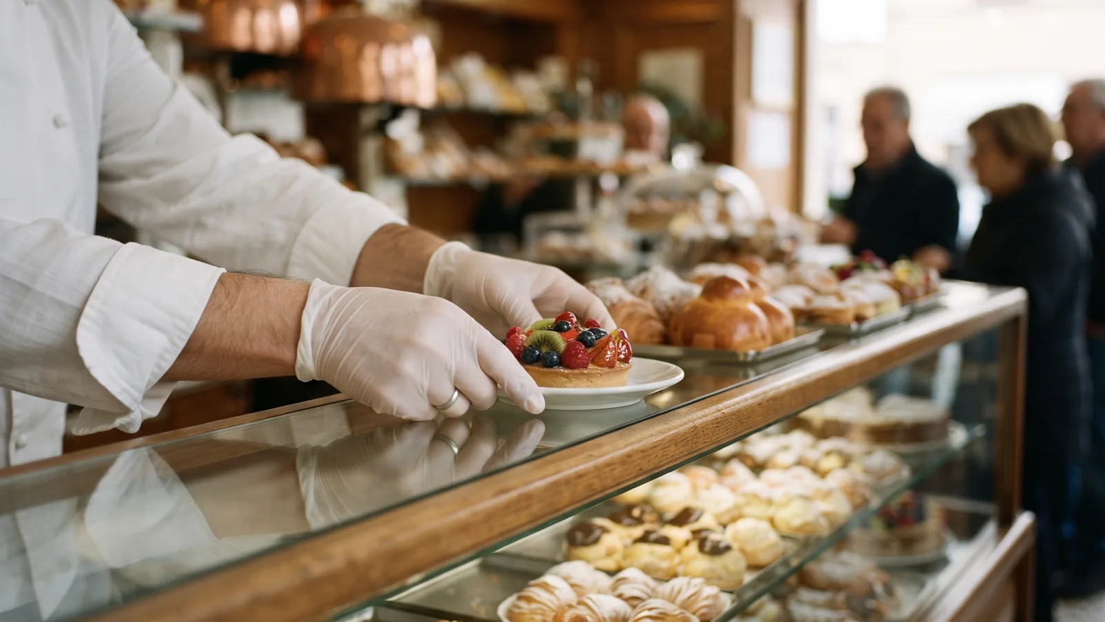 Mani di un pasticcere sistemano una torta di frutta nella vetrina di una pasticceria di paese