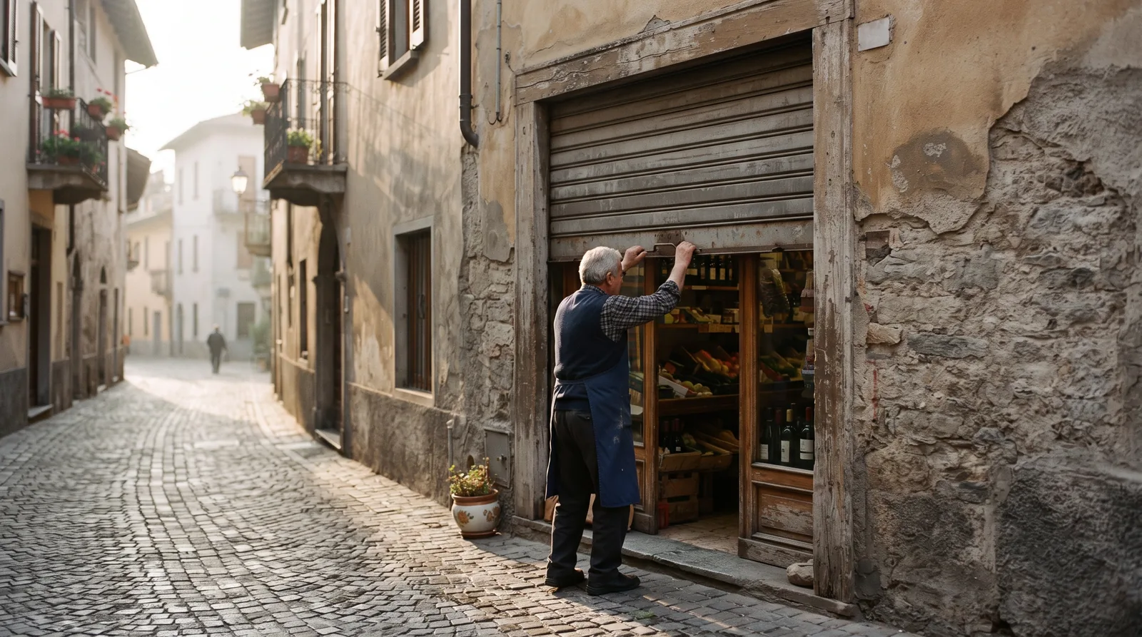 Titolare di un negozio di paese lombardo alza la serranda all'apertura del mattino