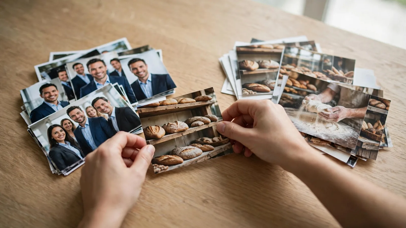 Mani che confrontano su un tavolo stampe fotografiche generiche e foto reali di un negozio
