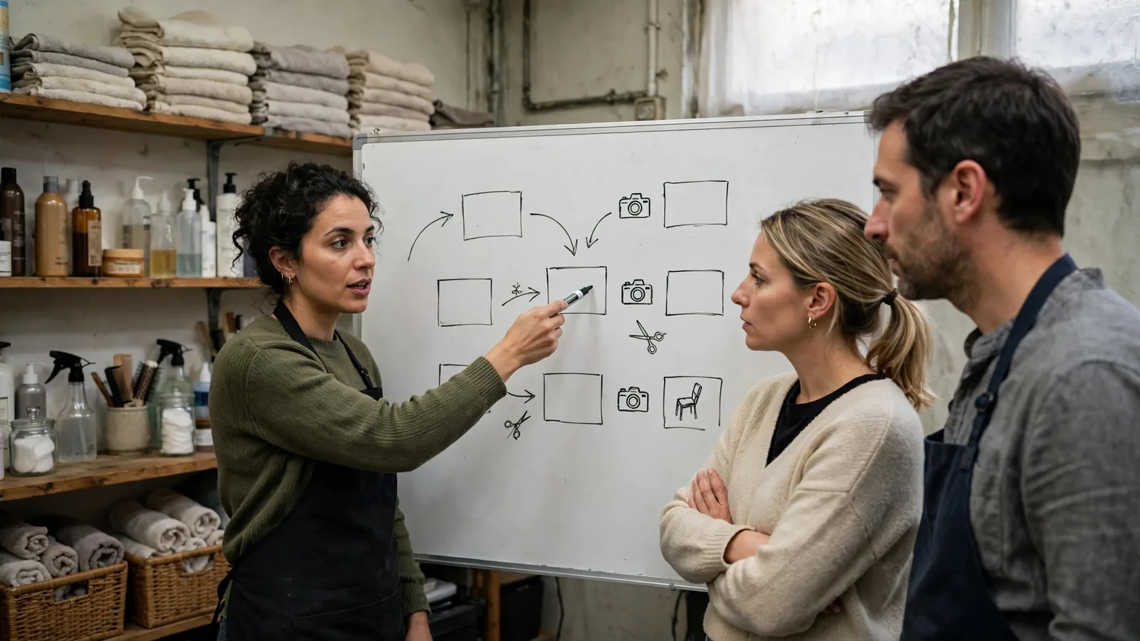 Piccolo team di un'attività che pianifica le foto per il sito disegnando uno schema su una lavagna bianca