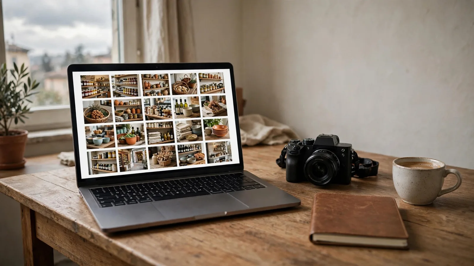 Laptop su una scrivania con una griglia di foto di un negozio, accanto a una macchina fotografica e a un taccuino