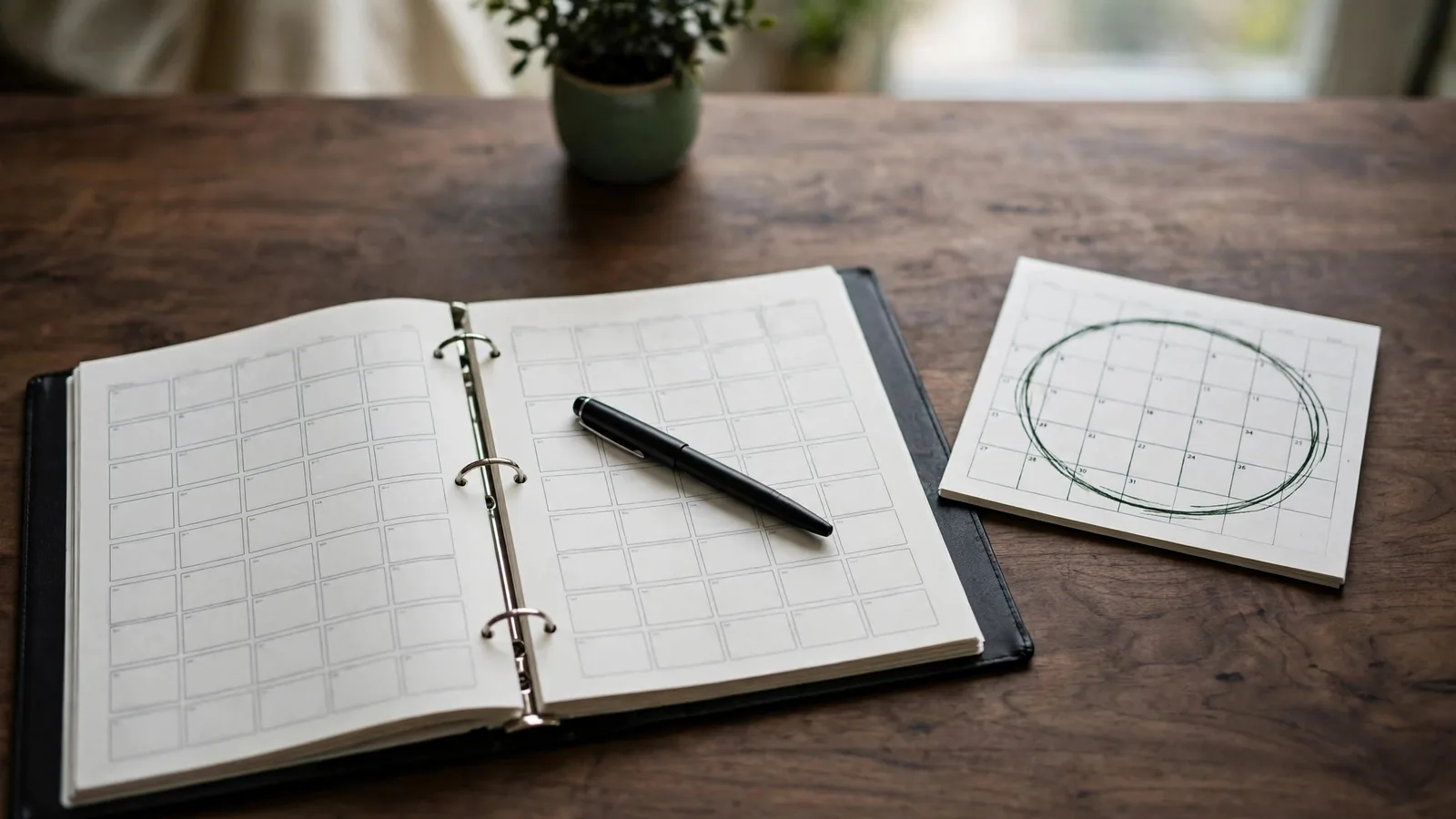 Raccoglitore di documenti aperto, penna e calendario da tavolo con un mese cerchiato su una scrivania