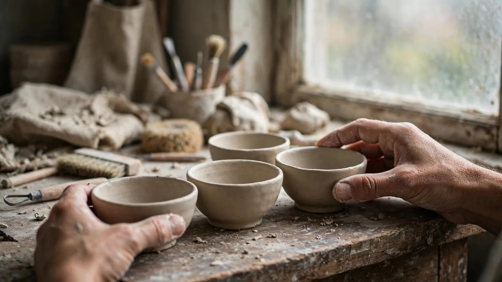 Mani di un artigiano dispongono ceramiche appena fatte su un banco di legno vicino alla finestra