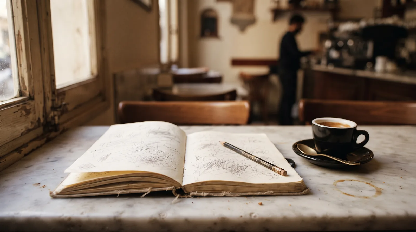 Quaderno aperto con una penna e un caffè sul bancone di un bar, al mattino