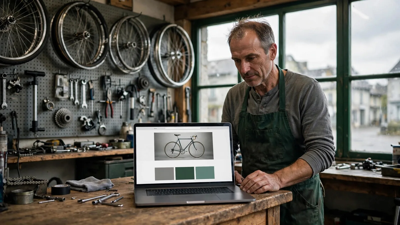 Titolare di un'officina di biciclette controlla il nuovo sito su un portatile appoggiato al bancone