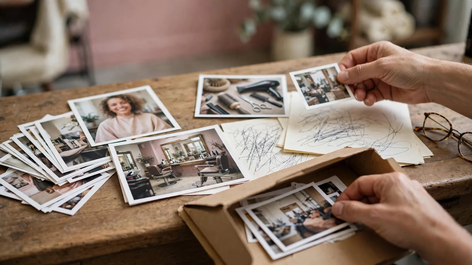 Mani che scelgono foto stampate di un negozio e le mettono in una cartellina accanto a fogli con appunti