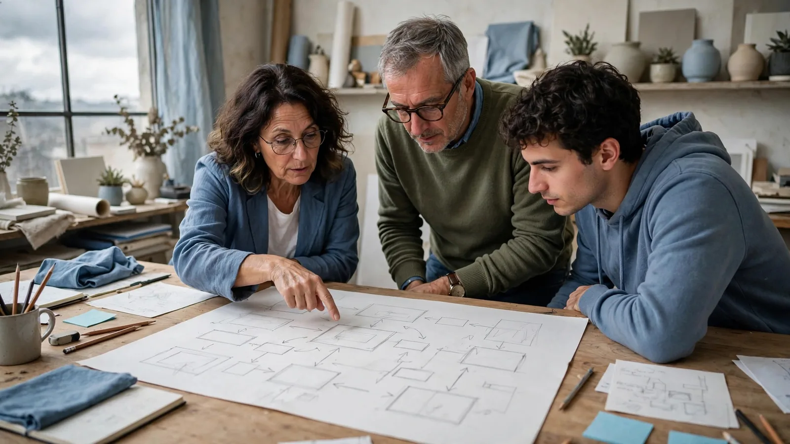 Tre persone attorno a un tavolo disegnano a matita lo schema delle pagine di un sito su grandi fogli