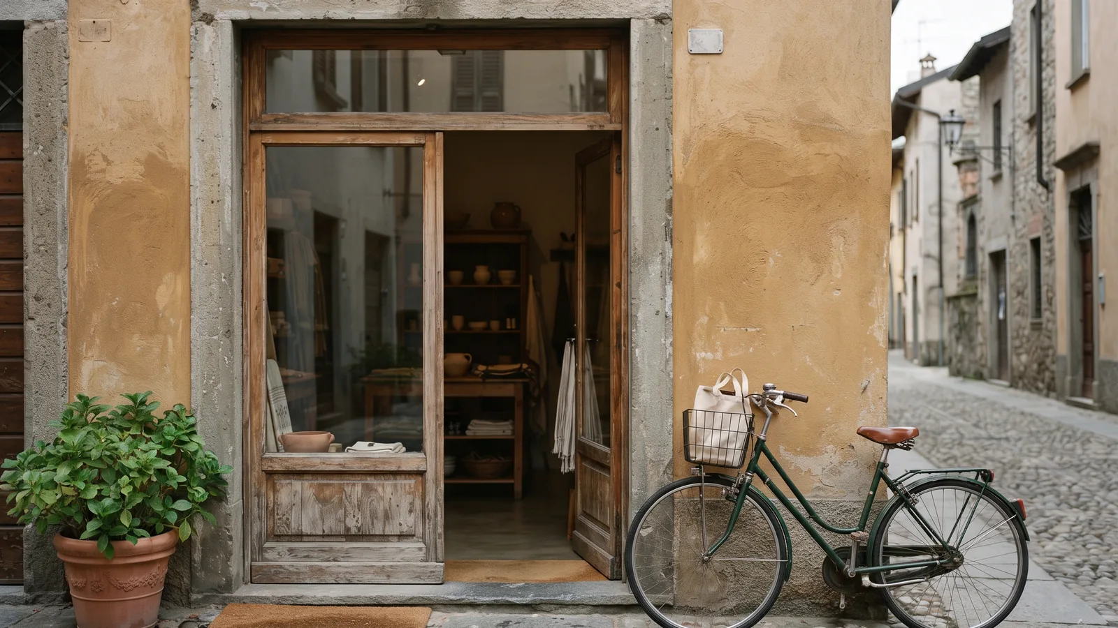 Ingresso di un negozio di paese lombardo con la porta aperta e la strada tranquilla
