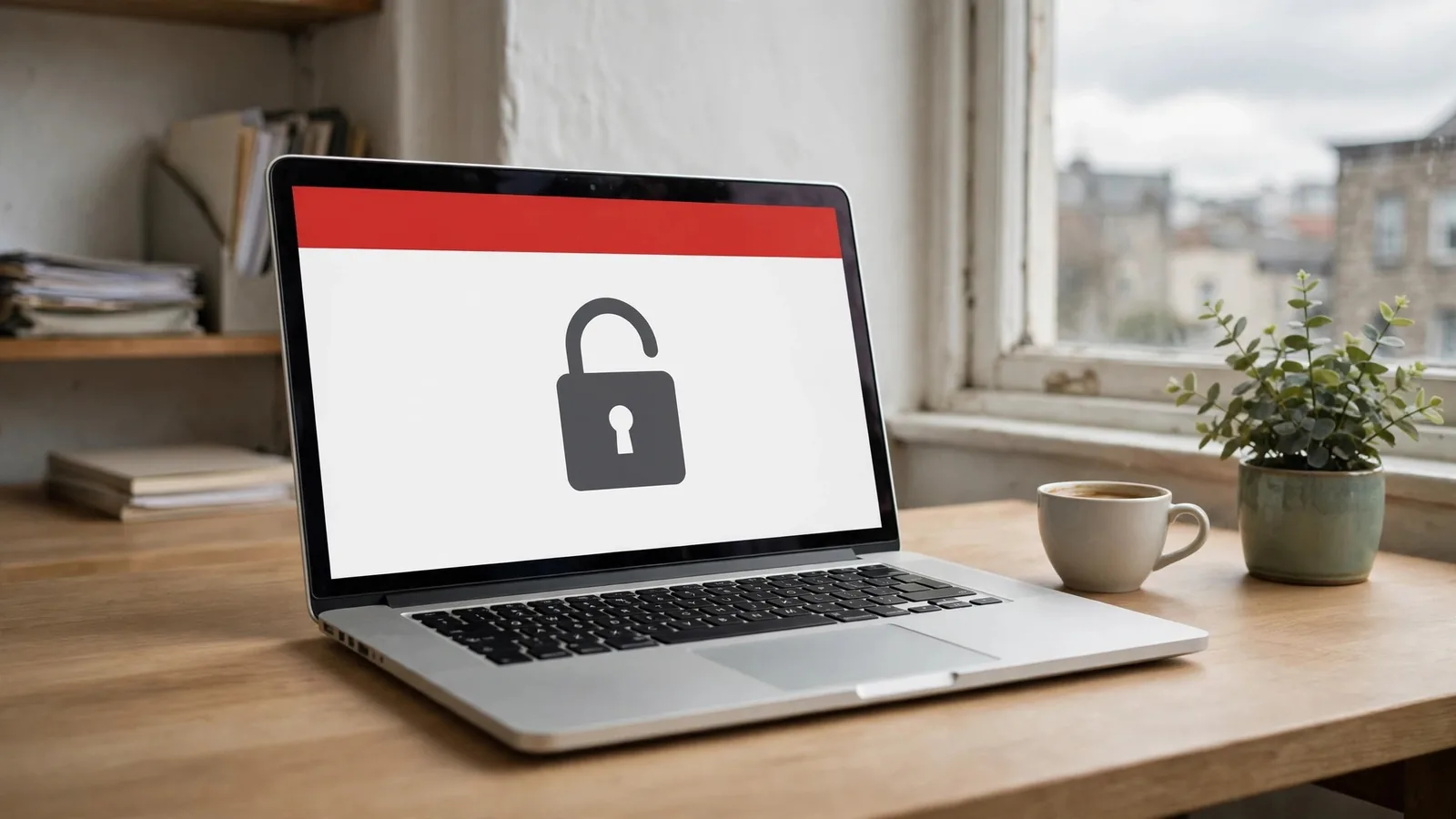 Laptop aperto su una scrivania con a schermo un grande riquadro di avviso rosso e bianco con un'icona a lucchetto aperto