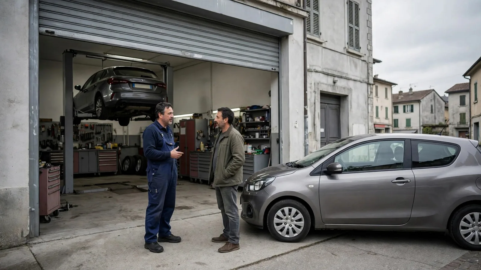 Meccanico e cliente parlano davanti all'ingresso di un'officina con un'auto sul ponte sollevatore sullo sfondo