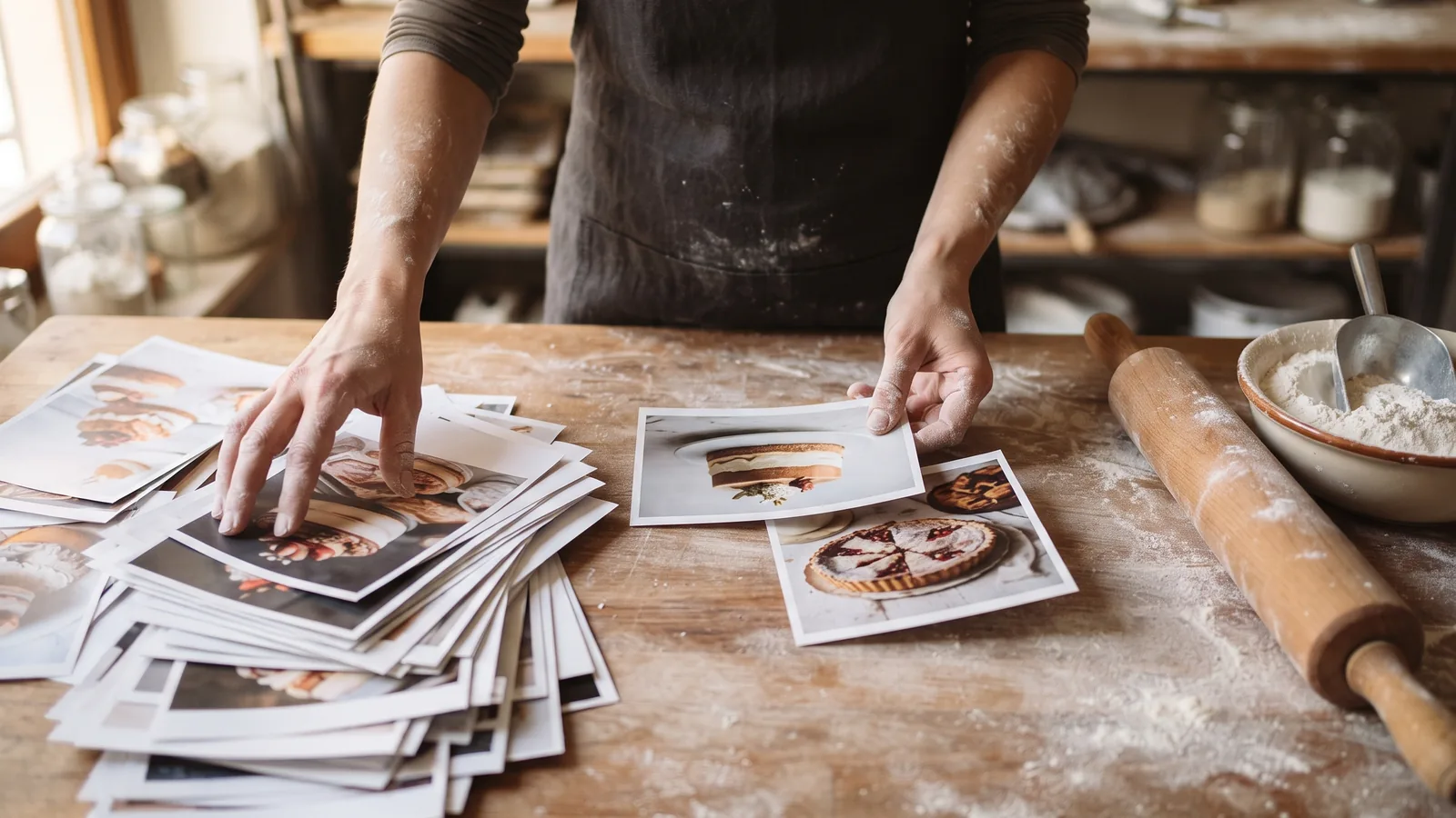 Mani che sistemano stampe fotografiche di torte su un tavolo da lavoro, scegliendo le immagini da tenere