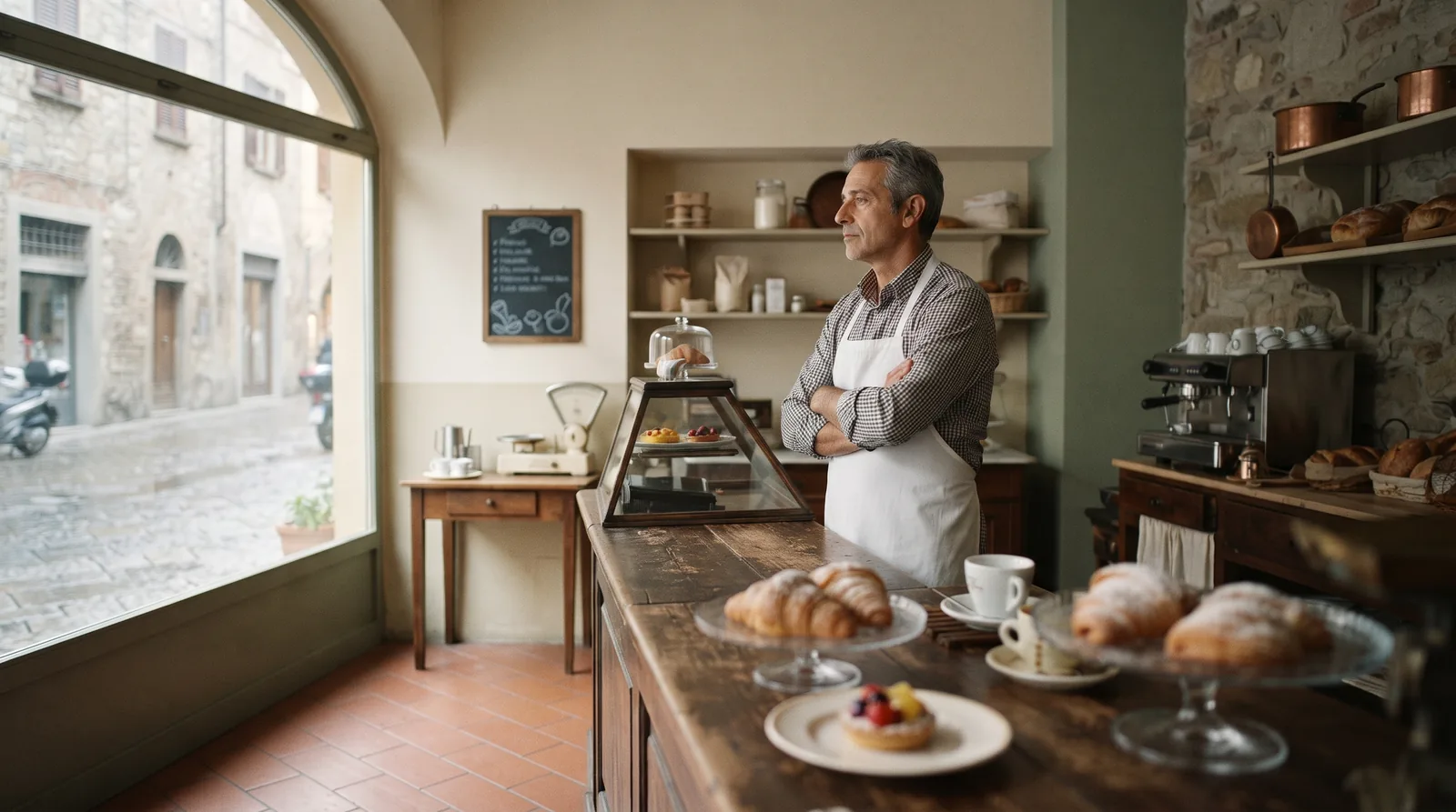 Titolare di una bottega lombarda attende al bancone con aria pensierosa, luce del mattino