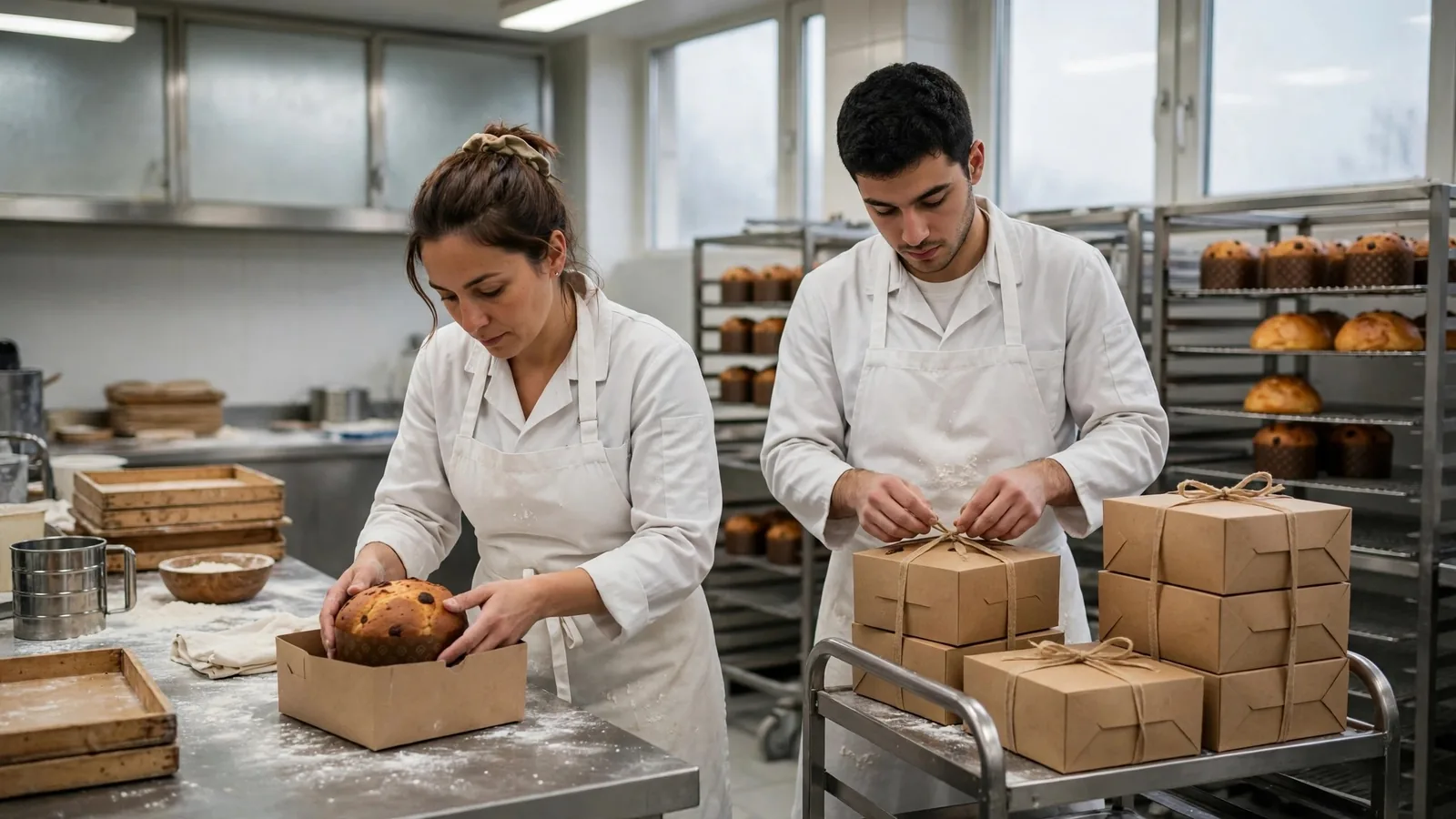 Due pasticceri nel laboratorio di una pasticceria lombarda preparano scatole di panettoni artigianali da consegnare