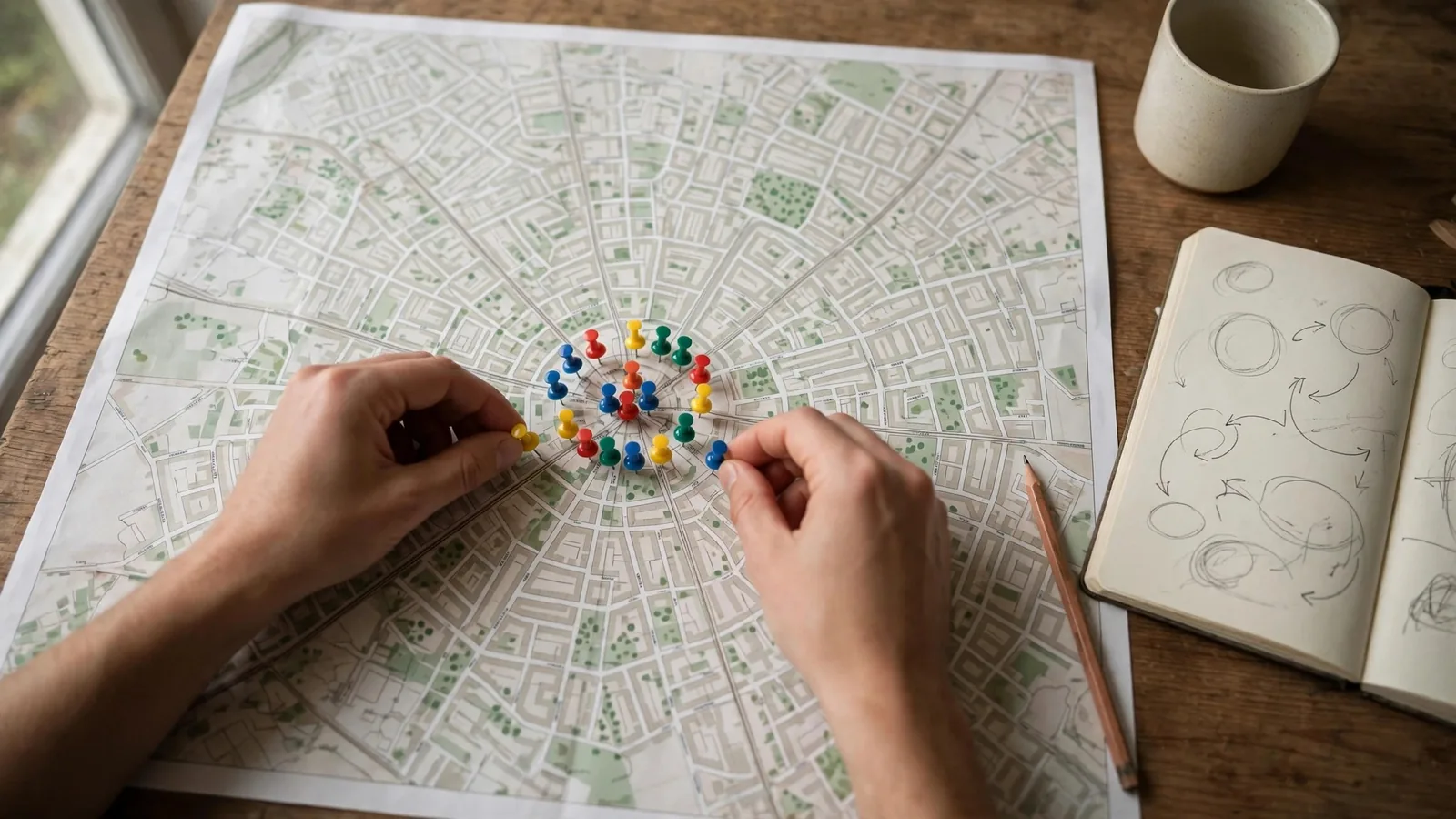 Mani che fissano spilli colorati su una mappa di carta del quartiere stesa su un tavolo di legno