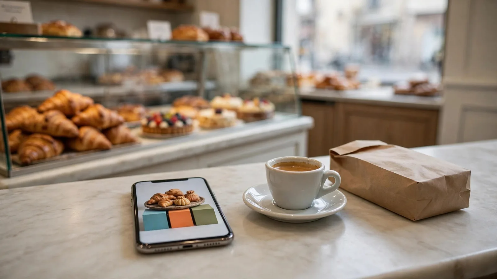 Smartphone appoggiato sul bancone di una pasticceria accanto a un caffè, con la foto di un vassoio di dolci sullo schermo